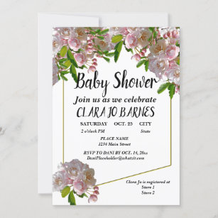 Floral Crab Apple Blossom & Gold Frame Baby Shower Invitation