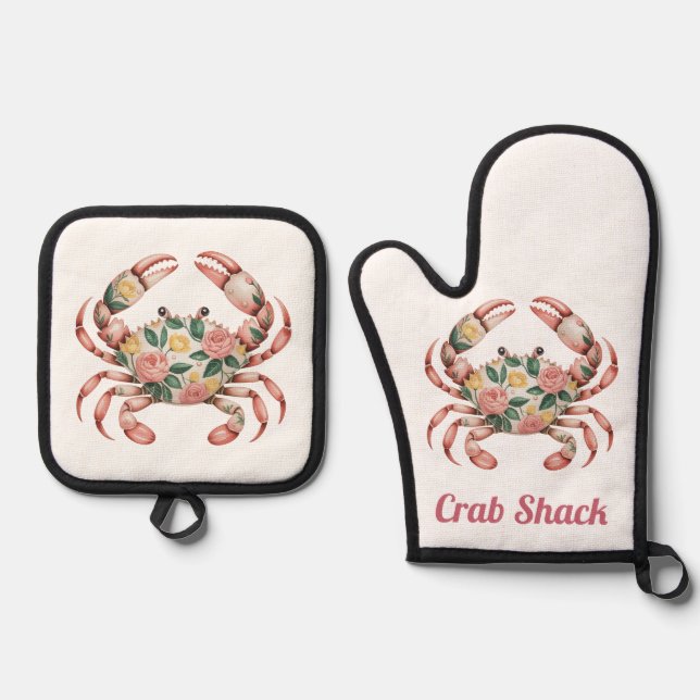 Floral Crab Art Coastal Design  Oven Mitt & Pot Holder Set (Front)