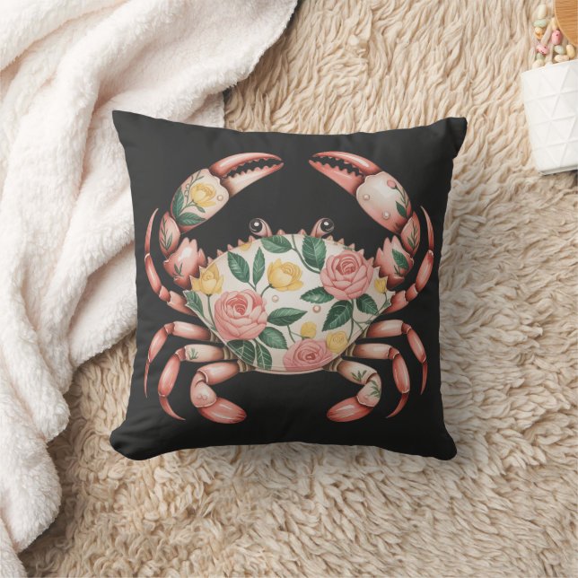 Floral Crab Art Coastal Design  Throw Pillow (Blanket)