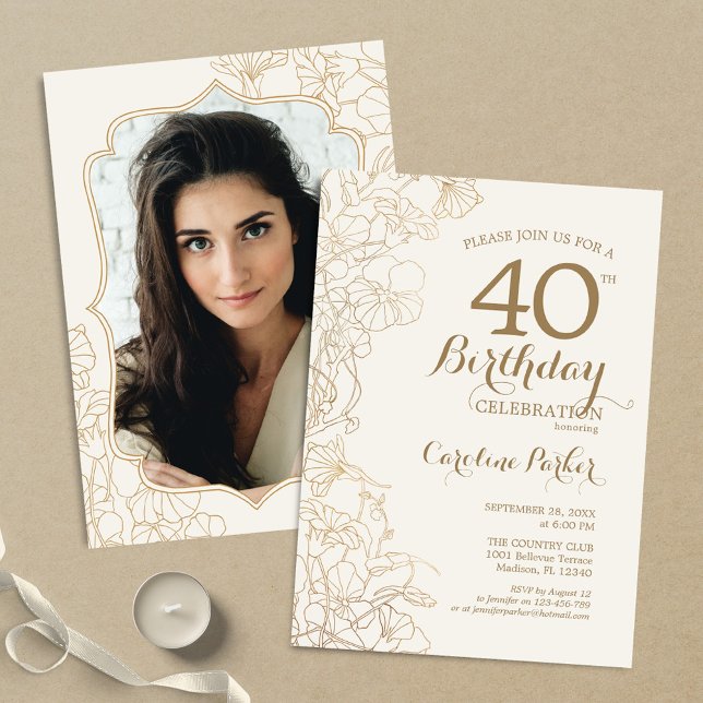 Floral Cream Gold Photo 40th Birthday Party Invitation (Creator Uploaded)