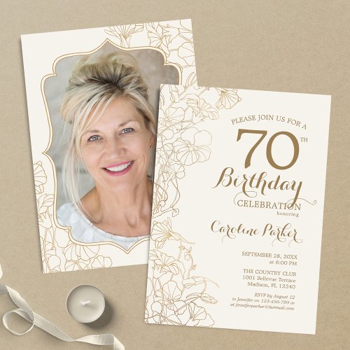 Floral Cream Gold Photo 70th Birthday Party Invitation