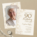 Floral Cream Gold Photo 90th Birthday Party Invitation<br><div class="desc">Floral Ivory Cream Gold Photo 90th Birthday Party Invitation. Minimalist modern design featuring botanical outline drawings accents and typography script font. Simple trendy invite card perfect for a stylish female bday celebration. Can be customized to any age. Printed Zazzle invitations or instant download digital printable template.</div>