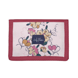 Floral Cream Pink Custom Name Botanical Feminine Trifold Wallet