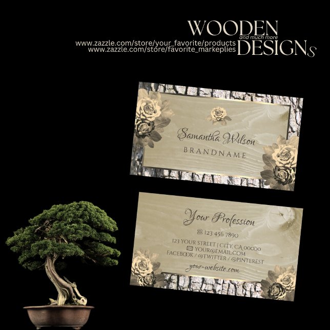 Floral Cream Roses Natural Wood Grain Tree Bark Business Card (Creator Uploaded)