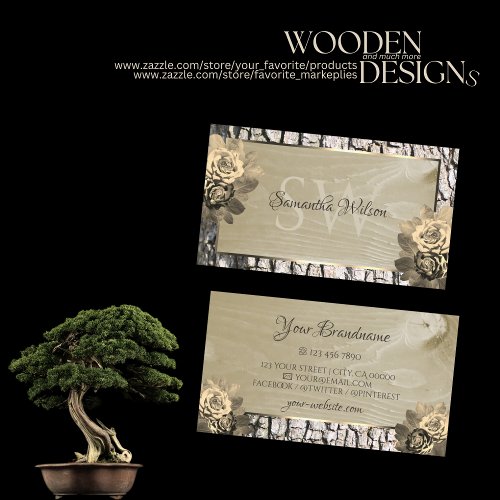 Floral Cream Roses Wood Grain Tree Bark Monogram  Business Card