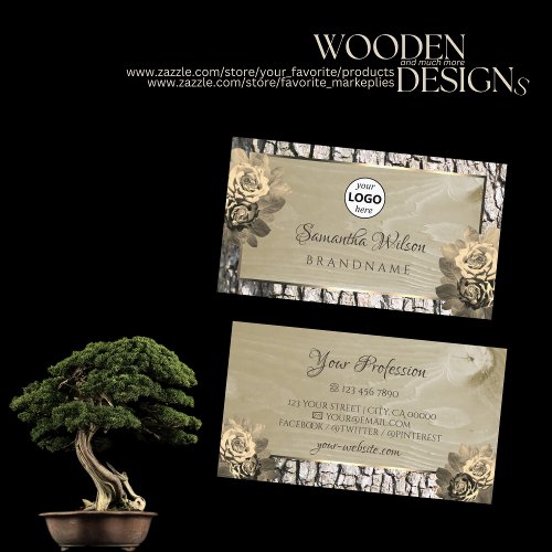 Floral Cream Roses Wood Grain Tree Bark with Logo Business Card
