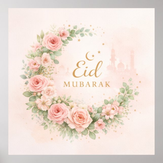 Floral Crescent Eid Mubarak Wall Art – Soft Pink & (Front)