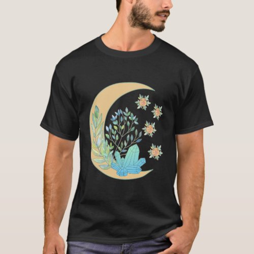 Floral Crescent Moon Healing Crystal Garden Witch  T_Shirt