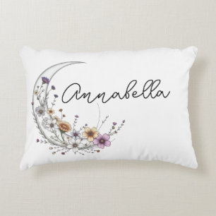 Floral Crescent Moon Personalized Celestial Art Accent Pillow