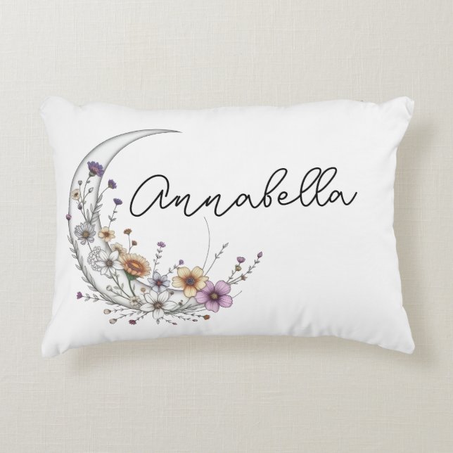 Floral Crescent Moon Personalized Celestial Art Accent Pillow (Front)