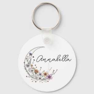 Floral Crescent Moon Personalized Celestial Art Keychain