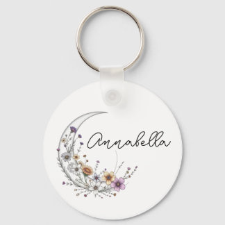 Floral Crescent Moon Personalized Celestial Art Keychain