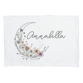 Floral Crescent Moon Personalized Celestial Art Pillow Case