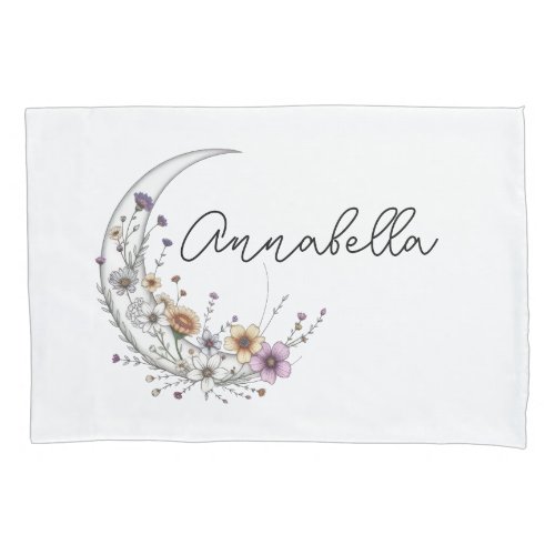 Floral Crescent Moon Personalized Celestial Art Pillow Case