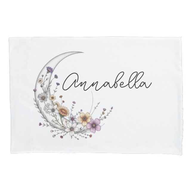 Floral Crescent Moon Personalized Celestial Art Pillow Case (Front)