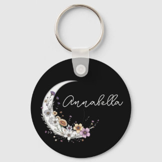 Floral Crescent Moon Personalized Name on Black Keychain