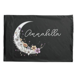 Floral Crescent Moon Personalized Name on Black Pillow Case
