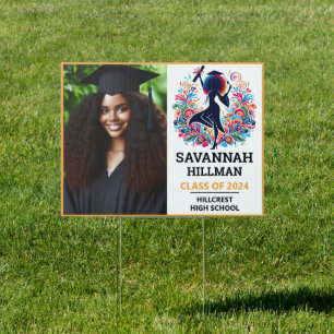 Floral Crest Black Girl Graduation Photo Colorful Sign