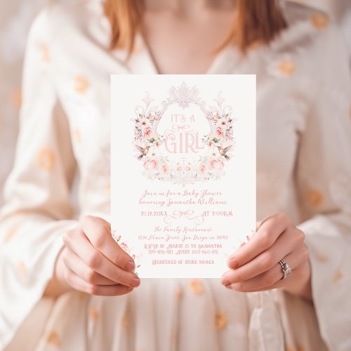 Floral Crest Blush Pink Its a Girl Baby Shower Invitation