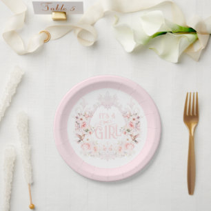 Floral Crest Blush Pink It's a Girl Baby Shower Paper Plates
