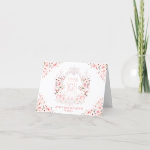 Floral Crest Blush Pink Its a Girl Baby Shower Thank You Card