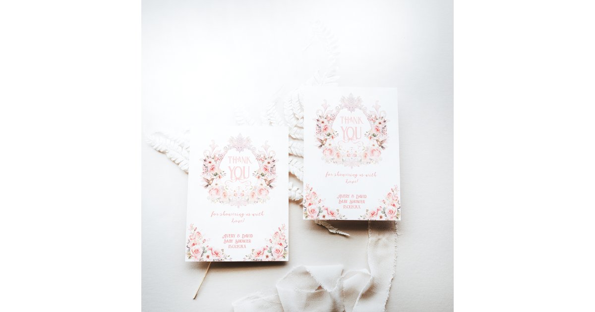 Floral Crest Blush Pink It's a Girl Baby Shower Thank You Card | Zazzle