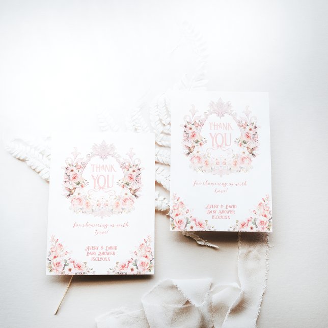 Floral Crest Blush Pink It's a Girl Baby Shower Thank You Card (Creator Uploaded)