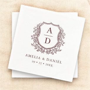 Floral Crest Burgundy Wedding Monogram Napkins