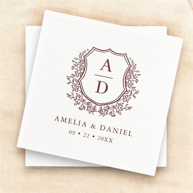 Floral Crest Burgundy Wedding Monogram Napkins (Creator Uploaded)