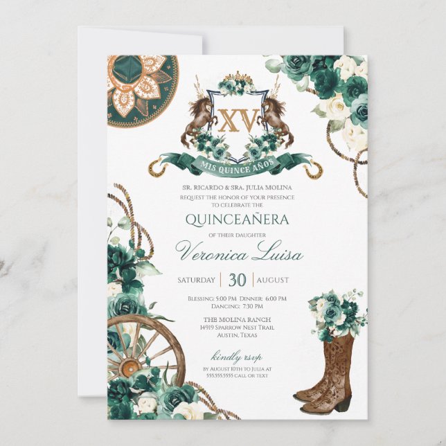 Floral Crest Charro Emerald Green Quinceanera Invitation (Front)