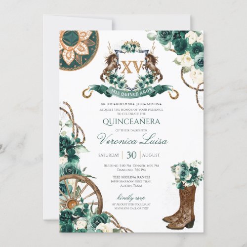 Floral Crest Charro Emerald Green Quinceanera Invitation