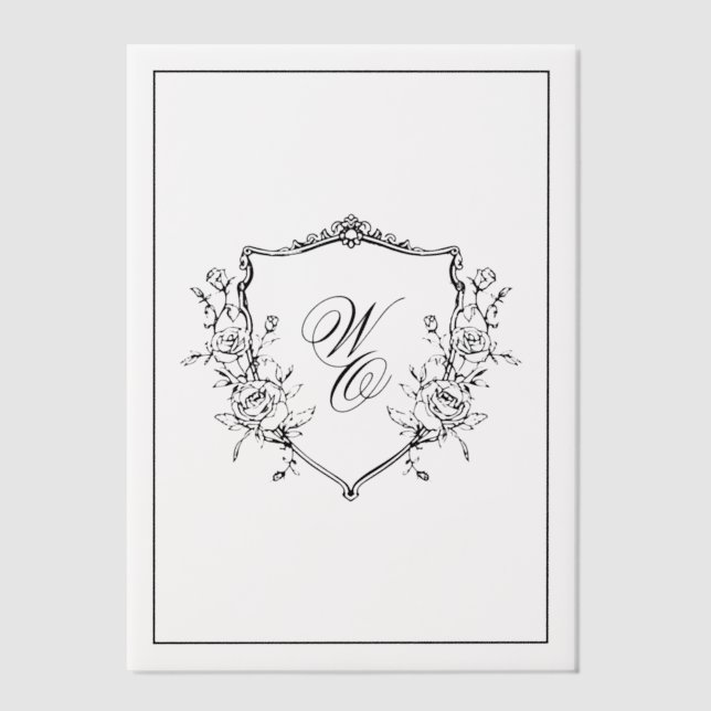Floral Crest Cream Black Monogram Wedding Overlay Vellum Invitations (Front)