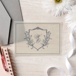 Floral Crest Cream Navy Monogram Wedding Overlay Vellum Invitations