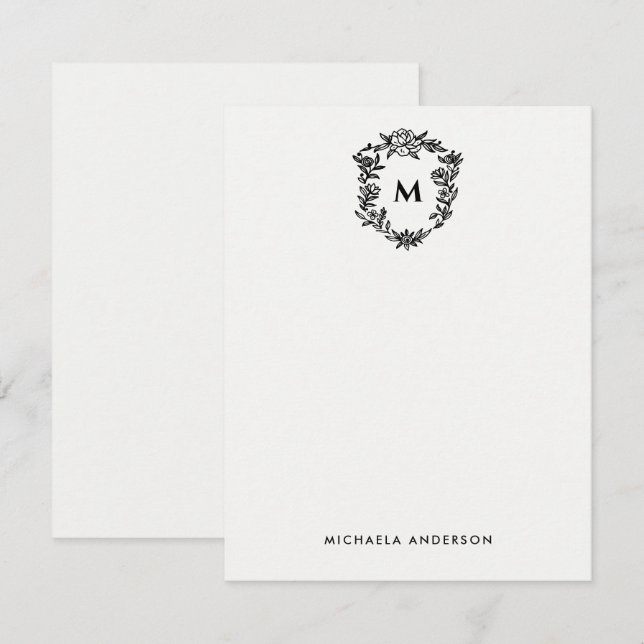 Floral Crest Elegant Monogram & Name Note Card (Front/Back)