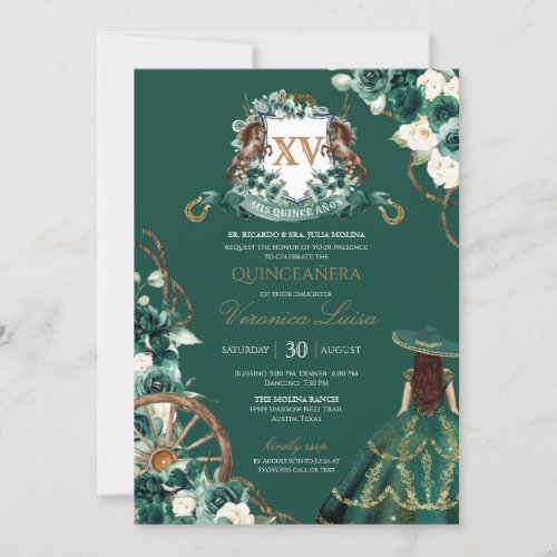 Floral Crest Emerald Green Charro Quinceanera Gown Invitation