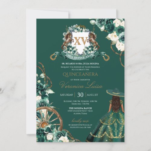 Floral Crest Emerald Green Charro Quinceanera Invi Invitation