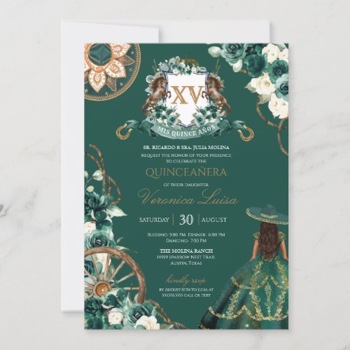 Floral Crest Emerald Green Charro Quinceaera Invitation