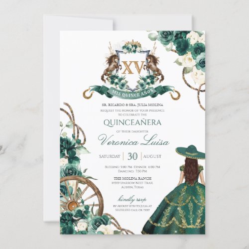 Floral Crest Emerald Green Charro Quinceanera Invitation