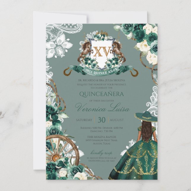 Floral Crest Emerald Green Charro Quinceanera Invitation (Front)