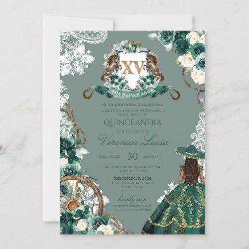 Floral Crest Emerald Green Charro Quinceanera Invitation