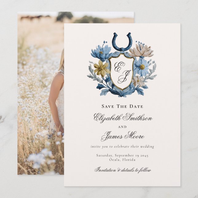 Floral Crest Equestrian Horseshoe Monogram Photo Save The Date (Front/Back)