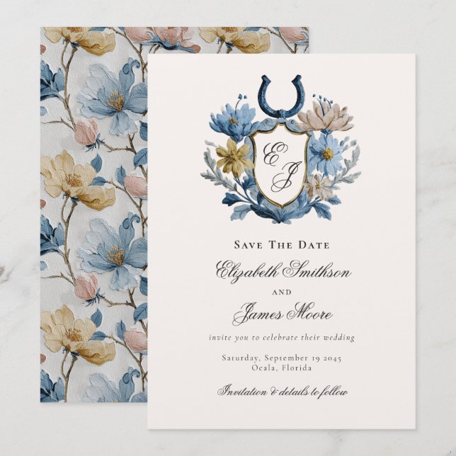 Floral Crest Equestrian Horseshoe Monogram  Save The Date (Front/Back)