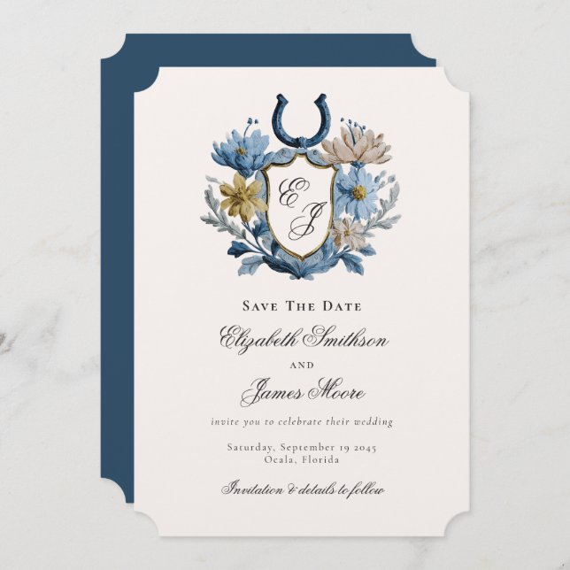 Floral Crest Equestrian Horseshoe Monogram  Save The Date (Front/Back)
