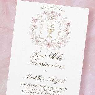 floral crest First Holy Communion girl Invitation