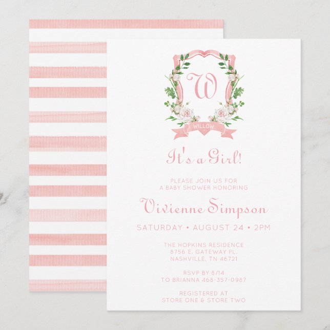 Floral Crest It's A Girl Baby Shower Invitation (Front/Back)