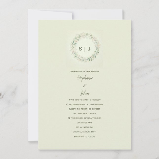 Floral Crest Monogram Beige Sage Green Wedding Invitation (Front)