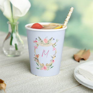 Floral Crest Monogram Blue Baby Shower Paper Cups