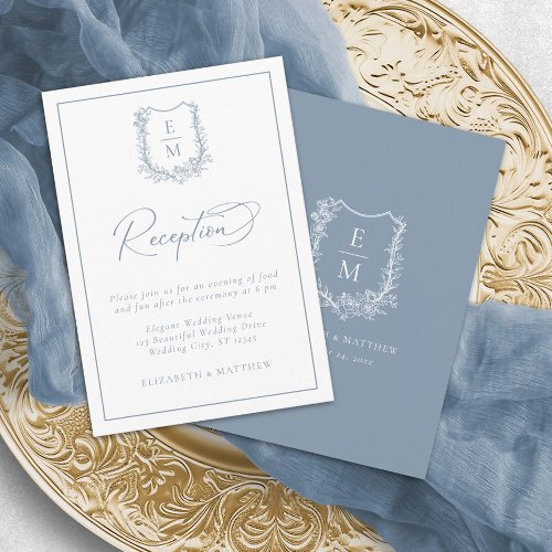 Floral Crest Monogram Dusty Blue Wedding Reception Enclosure Card