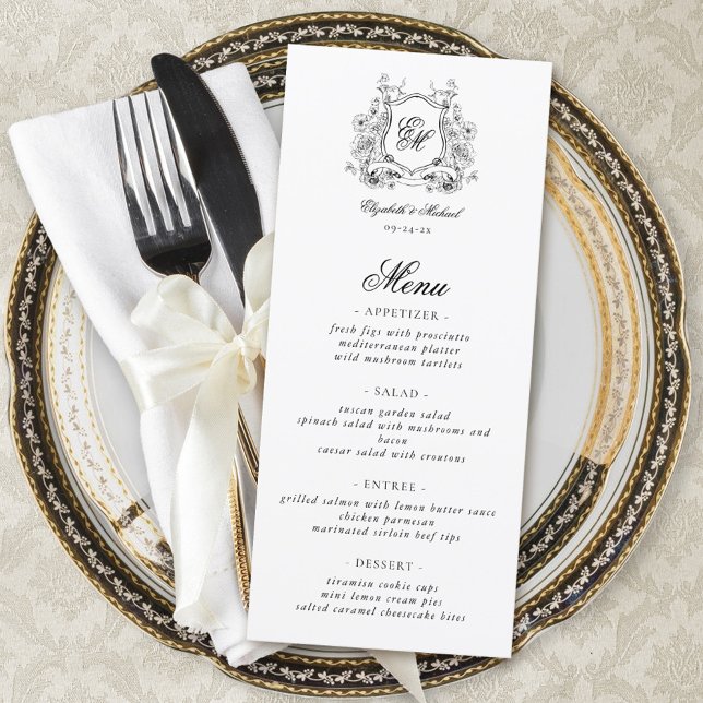 Floral Crest Monogram Elegant Wedding Menu (Creator Uploaded)