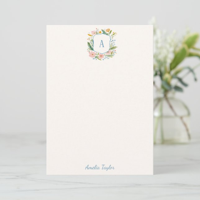 Floral Crest Monogram Personalized Stationery Note Card (Standing Front)